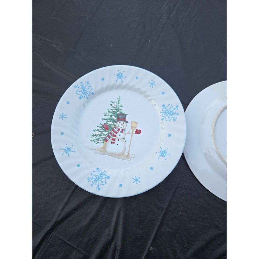 Christmas Village Snowman Snowflake Ceramic Dinner Plates 10.5" Set of 3 Vintage